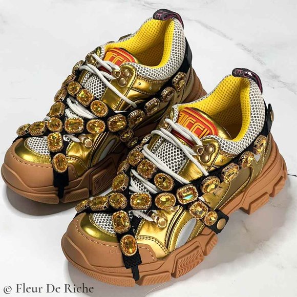 💛SOLD🖤 Rare New Gucci x SEGA Flashtrek Gold Lowtop Sneakers - Picture 2 of 7